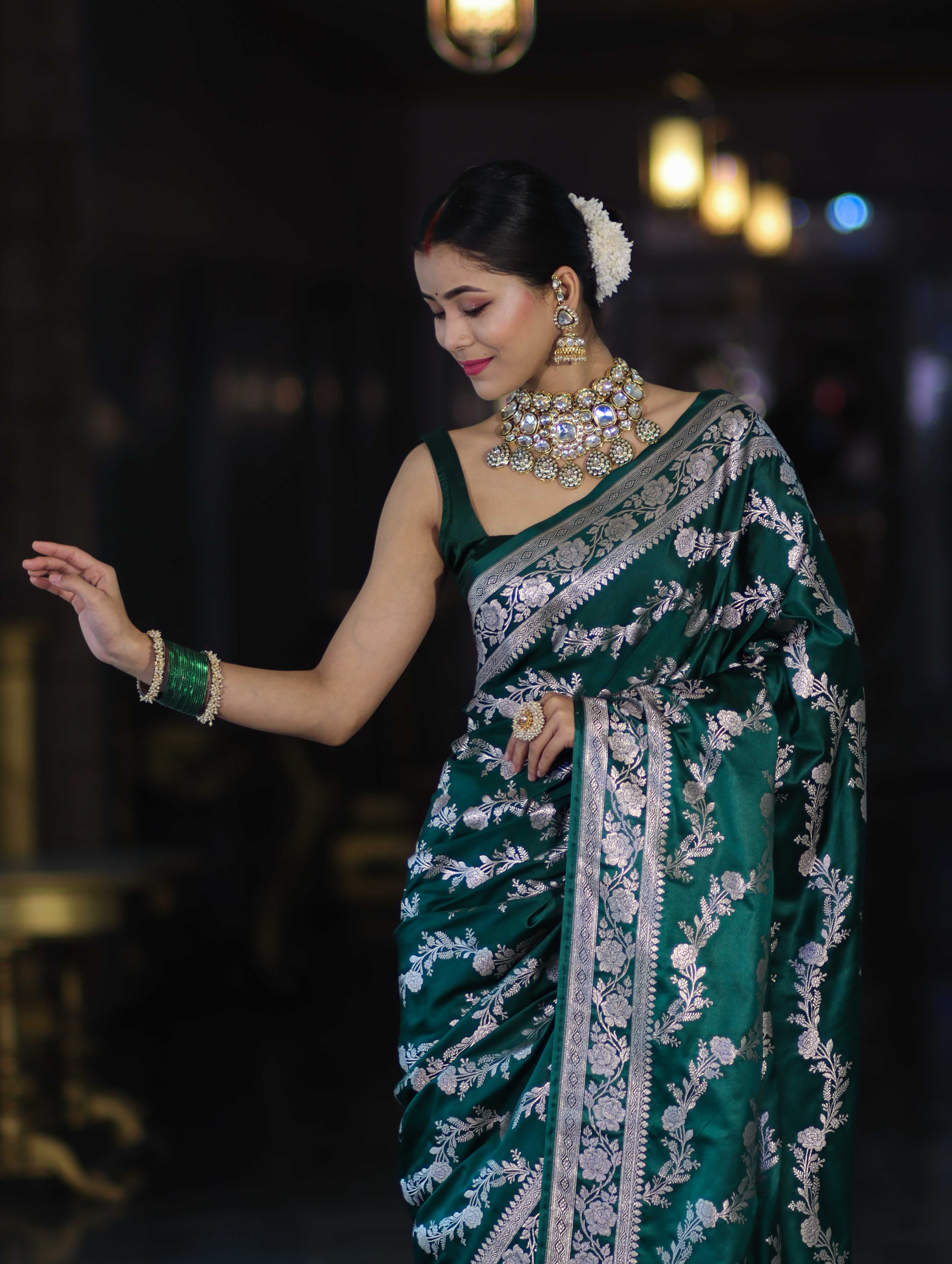Banarasee Handloom Mashru Silk Saree With Zari Work & Floral Border-Deep Green