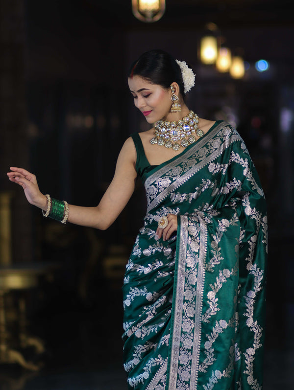 Banarasee Handloom Mashru Silk Saree With Zari Work & Floral Border-Deep Green
