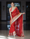 Banarasee Handloom Tissue Saree With Hand Embroidered Mirror Work Pearl Motifs & Lace Border-Red