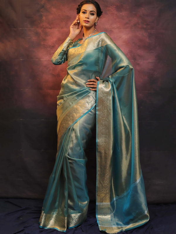 Banarasee Handwoven Plain Tissue Zari Border Saree-Blue