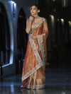 Banarasee Handwoven Tissue Saree With Floral Zari Border & Mirror Work Lace–Peach