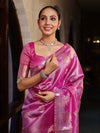 Banarasee Handwoven Tissue Saree With Sona Rupa Zari Buti Design-Deep Pink