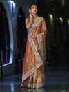 Banarasee Handwoven Tissue Saree With Floral Zari Border & Mirror Work Lace–Peach