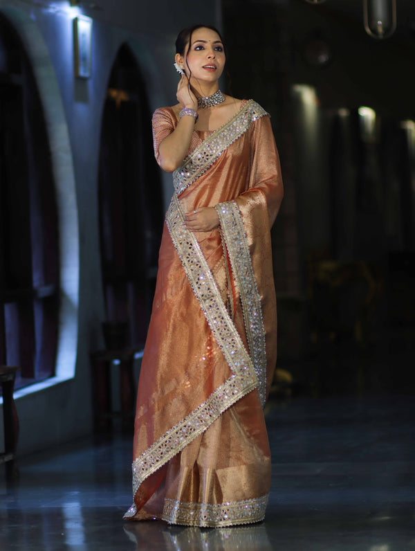 Banarasee Handwoven Tissue Saree With Floral Zari Border & Mirror Work Lace–Peach