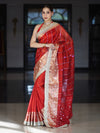 Banarasee Handloom Tissue Saree With Hand Embroidered Mirror Work Pearl Motifs & Lace Border-Red
