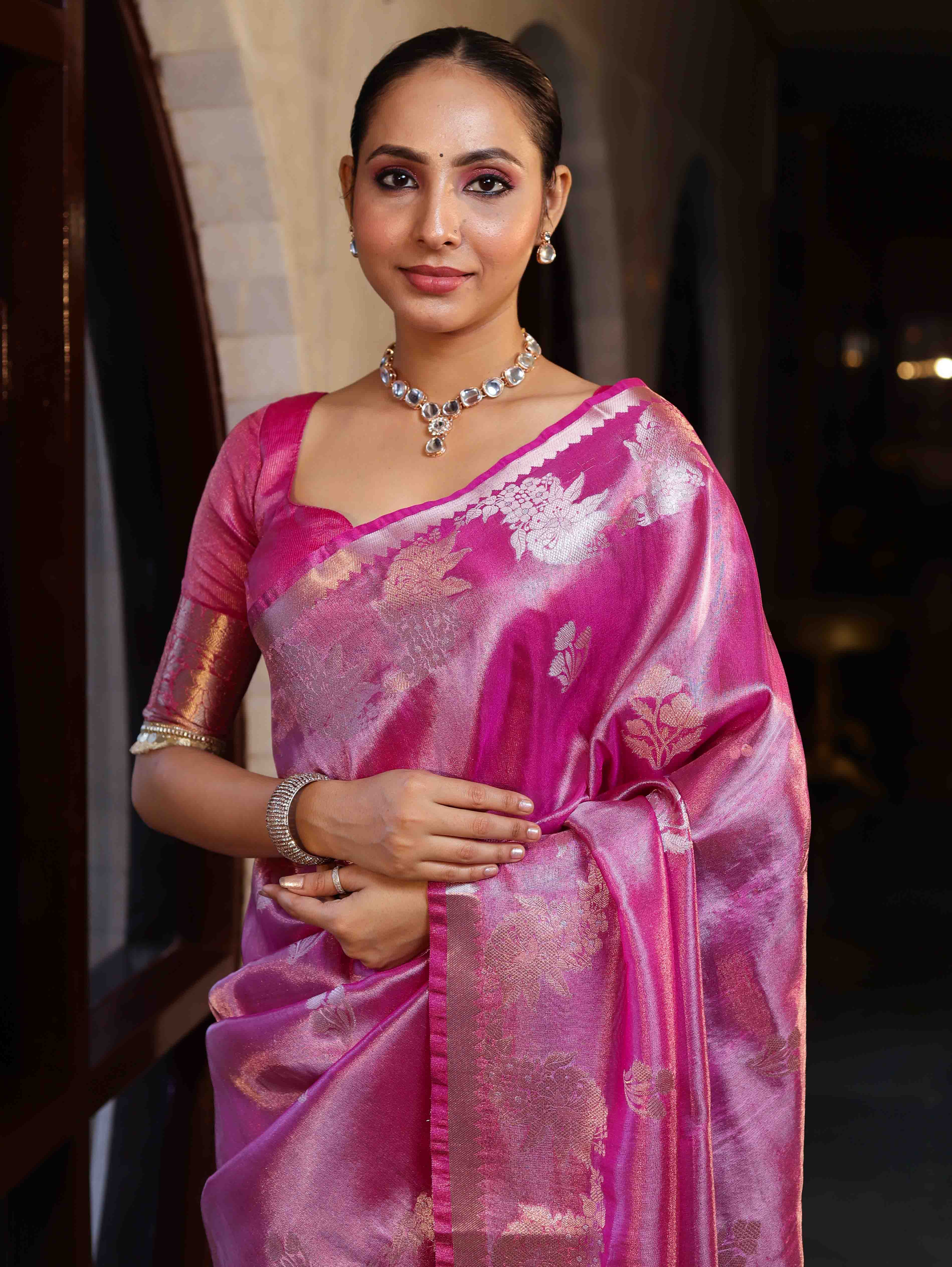 Banarasee Handwoven Tissue Saree With Sona Rupa Zari Buti Design-Deep Pink