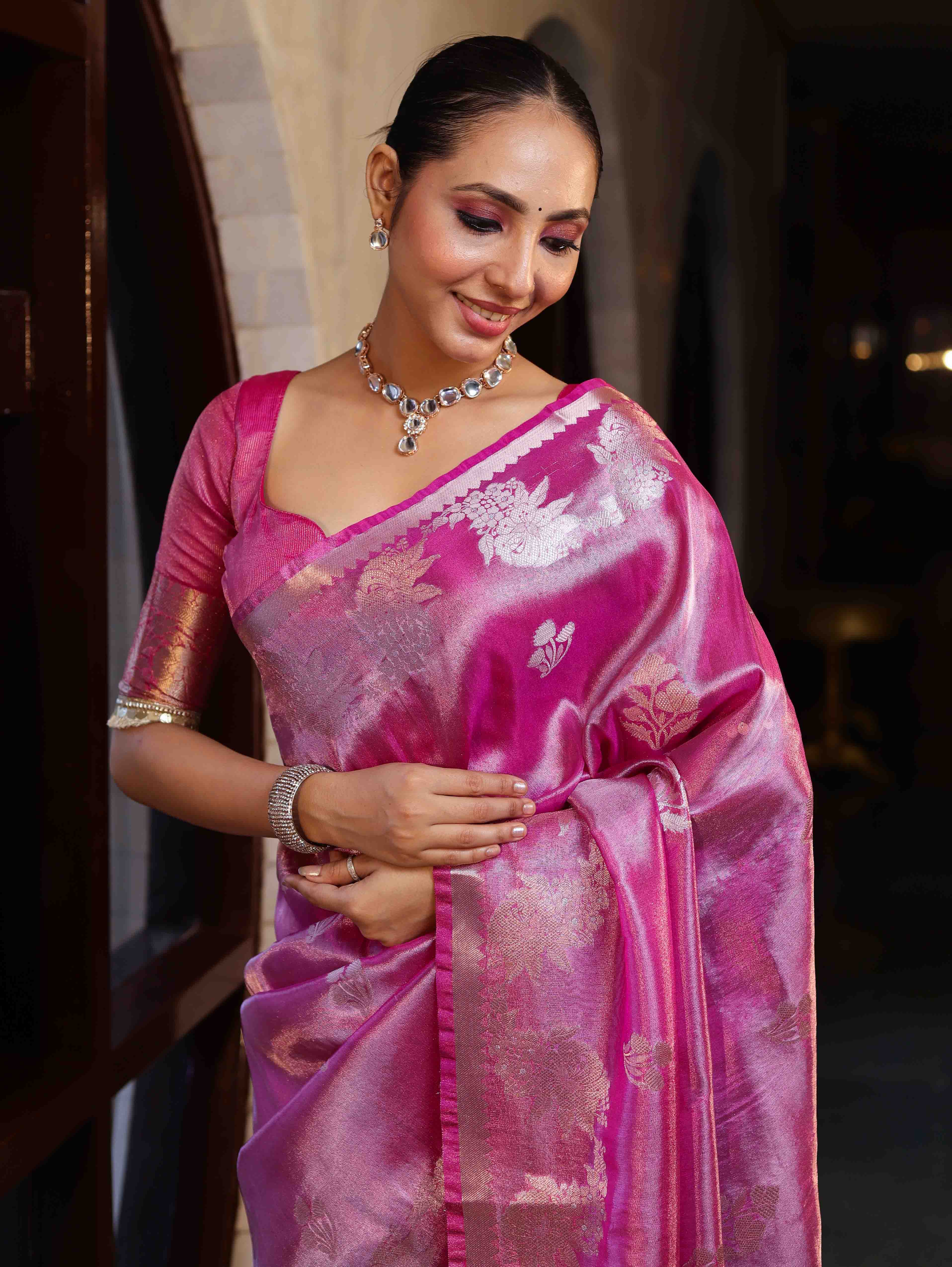 Banarasee Handwoven Tissue Saree With Sona Rupa Zari Buti Design-Deep Pink