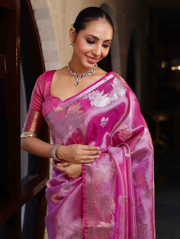 Banarasee Handwoven Tissue Saree With Sona Rupa Zari Buti Design-Deep Pink