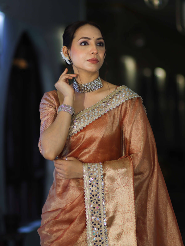 Banarasee Handwoven Tissue Saree With Floral Zari Border & Mirror Work Lace–Peach