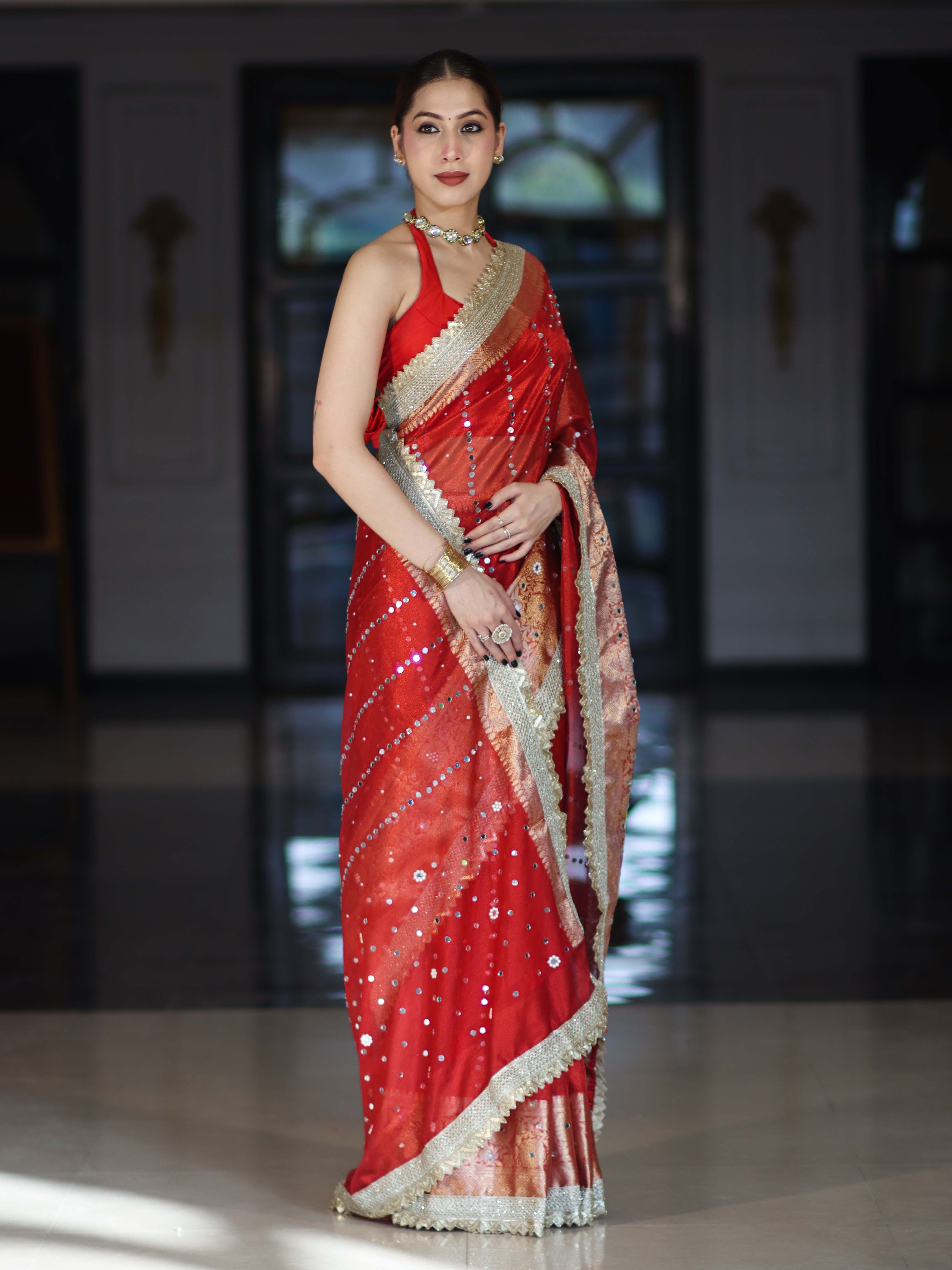Banarasee Handloom Tissue Saree With Hand Embroidered Mirror Work Pearl Motifs & Lace Border-Red