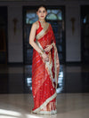 Banarasee Handloom Tissue Saree With Hand Embroidered Mirror Work Pearl Motifs & Lace Border-Red