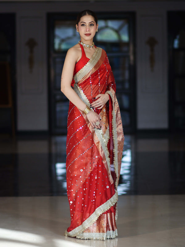 Banarasee Handloom Tissue Saree With Hand Embroidered Mirror Work Pearl Motifs & Lace Border-Red