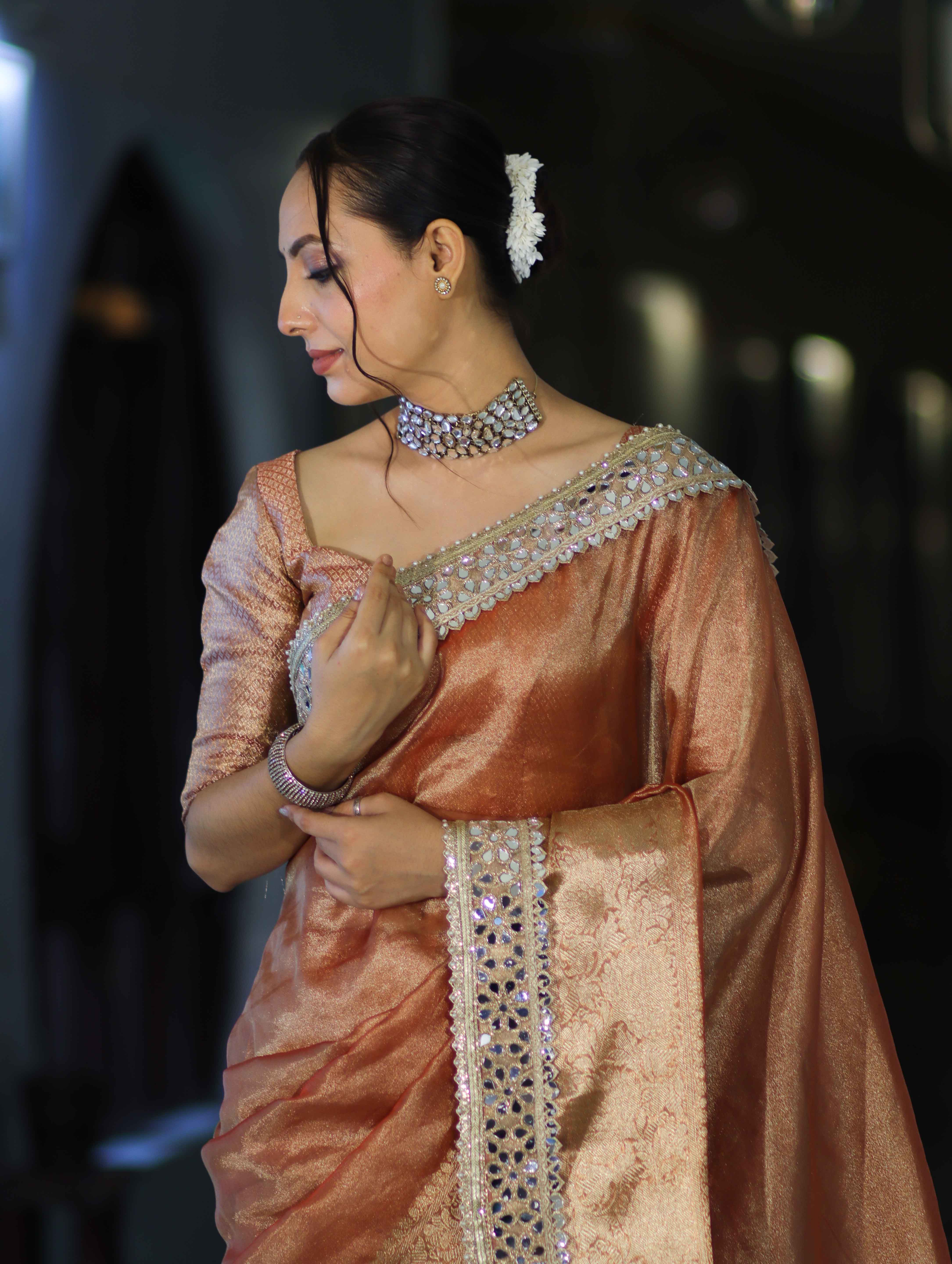 Banarasee Handwoven Tissue Saree With Floral Zari Border & Mirror Work Lace–Peach