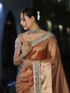 Banarasee Handwoven Tissue Saree With Floral Zari Border & Mirror Work Lace–Peach