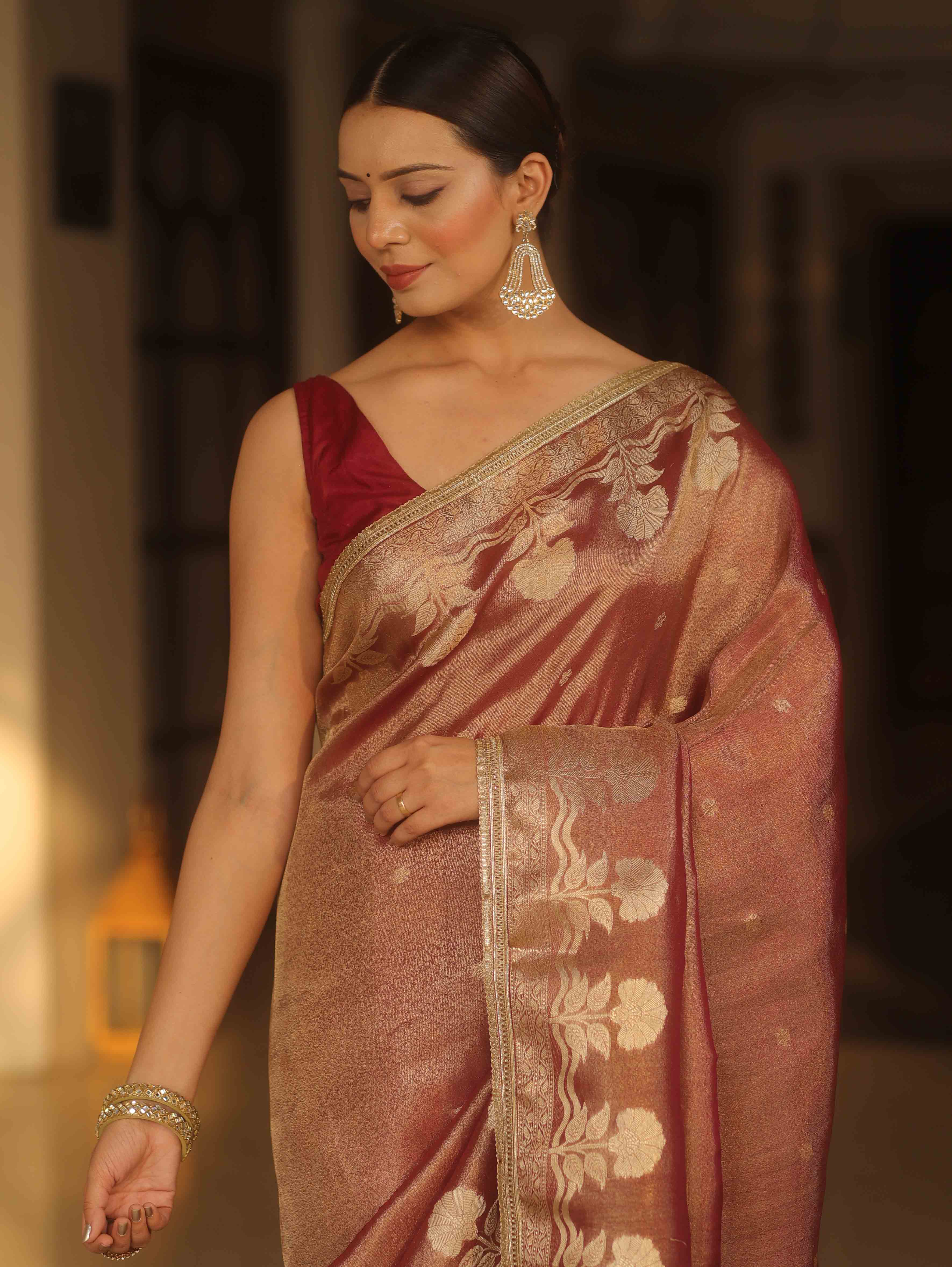 Banarasee Handwoven Soft Tissue Saree With Zari Border & Lace-Maroon
