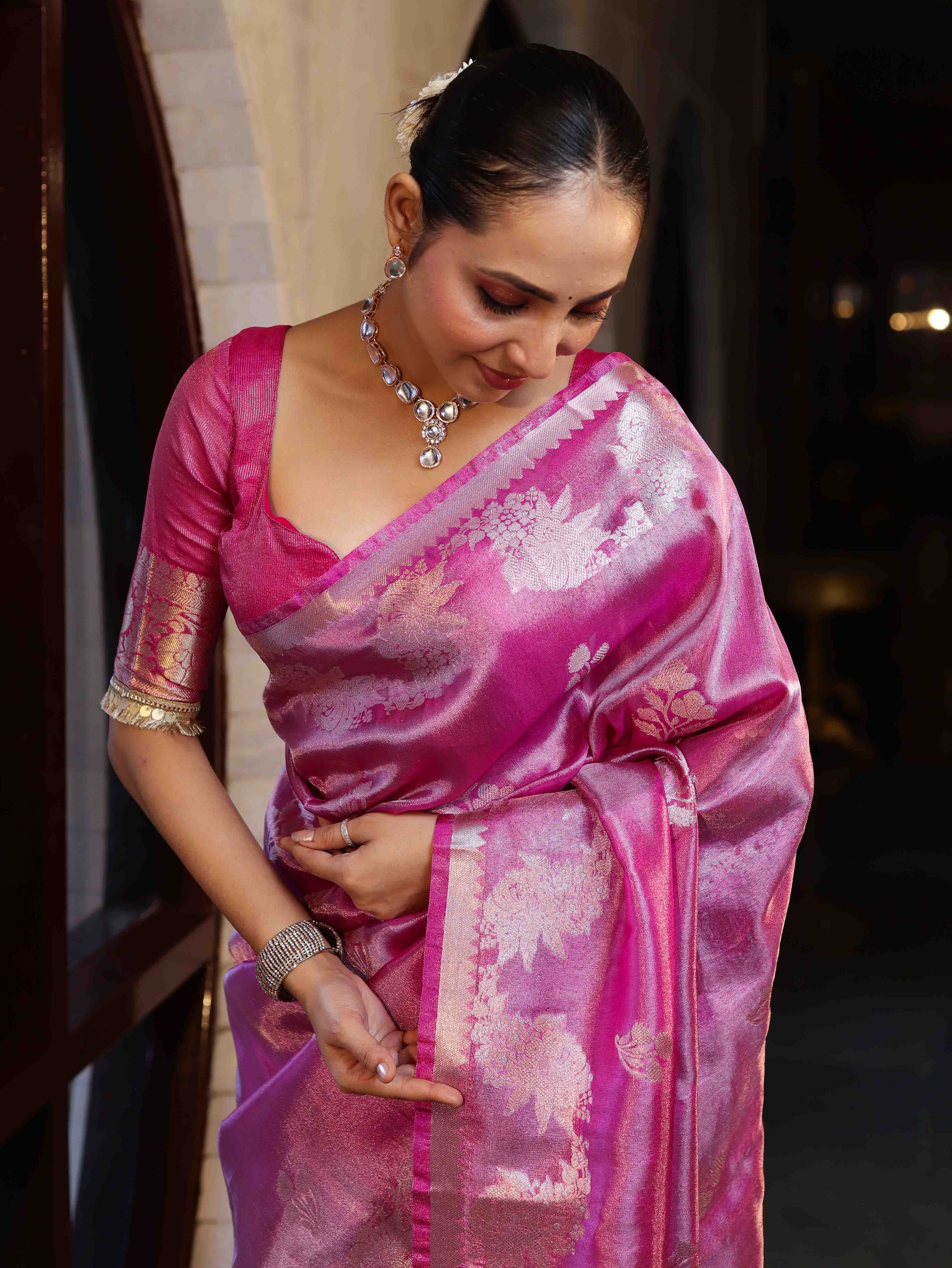 Banarasee Handwoven Tissue Saree With Sona Rupa Zari Buti Design-Deep Pink