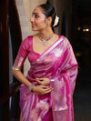 Banarasee Handwoven Tissue Saree With Sona Rupa Zari Buti Design-Deep Pink