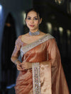 Banarasee Handwoven Tissue Saree With Floral Zari Border & Mirror Work Lace–Peach