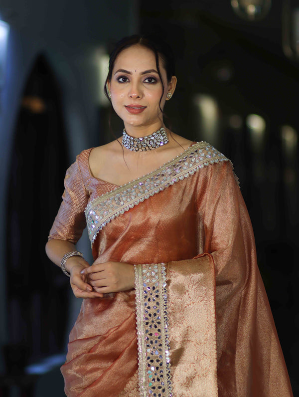 Banarasee Handwoven Tissue Saree With Floral Zari Border & Mirror Work Lace–Peach