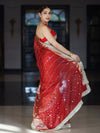 Banarasee Handloom Tissue Saree With Hand Embroidered Mirror Work Pearl Motifs & Lace Border-Red