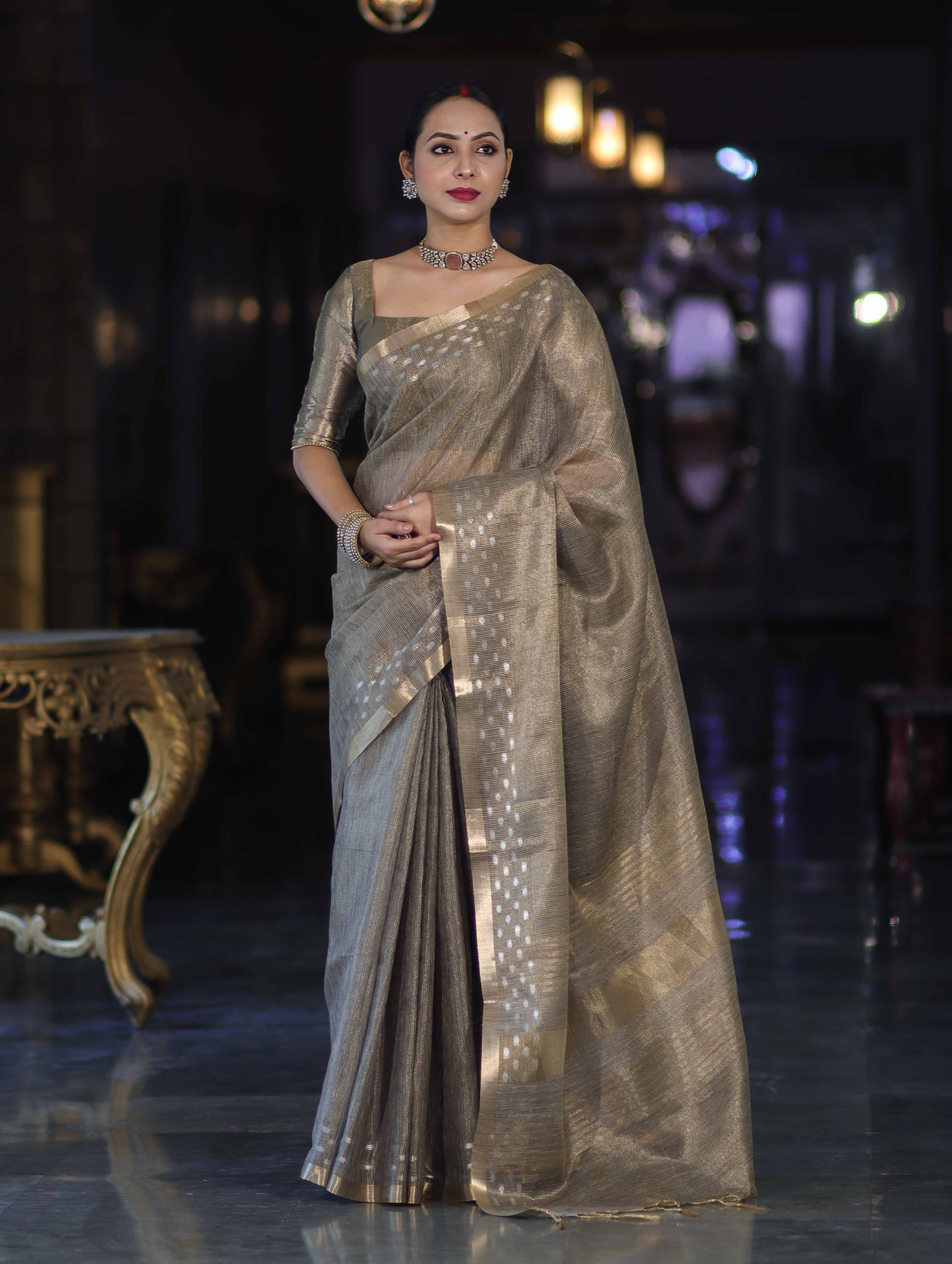 Banarasee Handwoven Tissue Saree With Zari Checks & Border-Moss Green