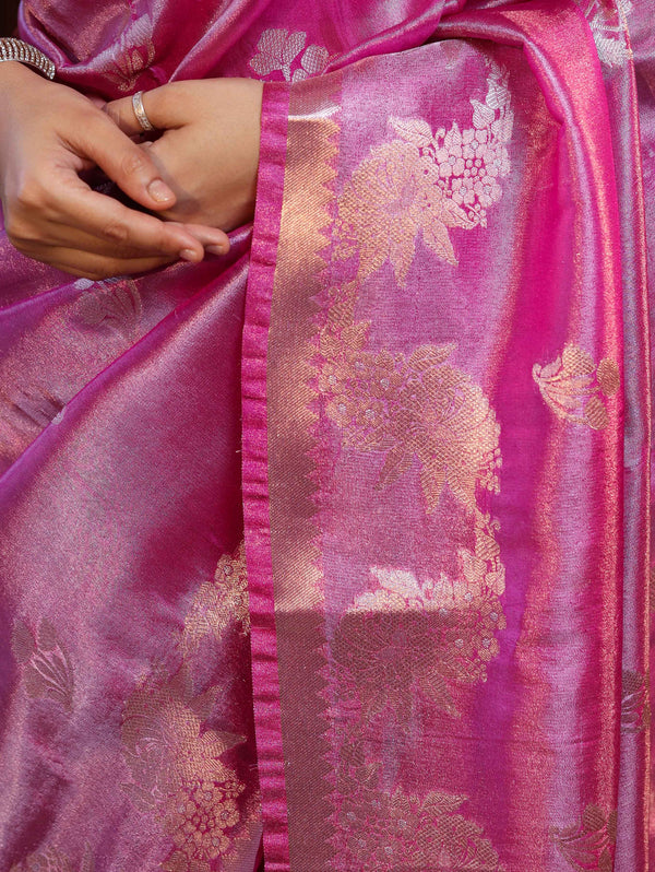 Banarasee Handwoven Tissue Saree With Sona Rupa Zari Buti Design-Deep Pink