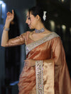 Banarasee Handwoven Tissue Saree With Floral Zari Border & Mirror Work Lace–Peach