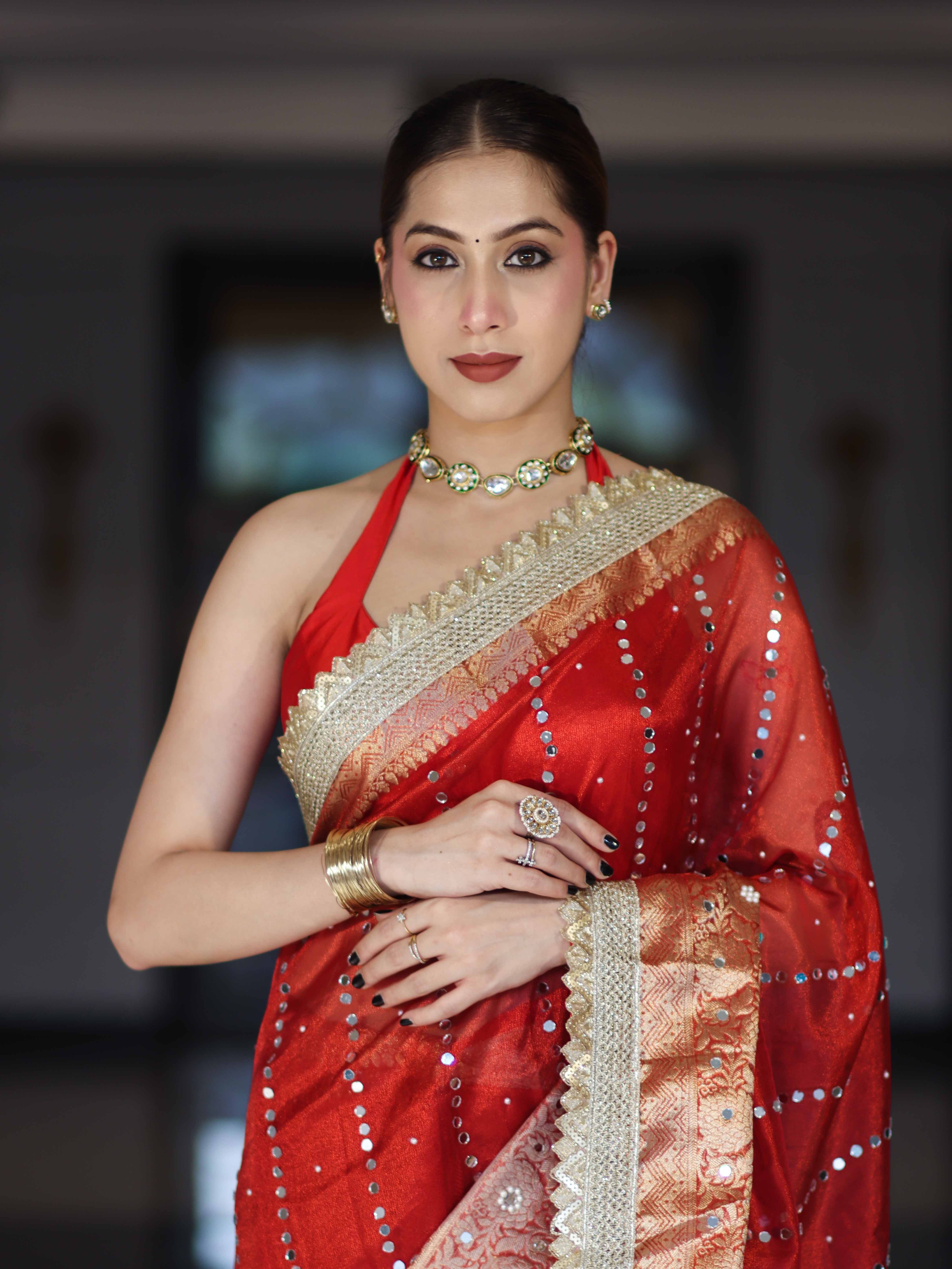 Banarasee Handloom Tissue Saree With Hand Embroidered Mirror Work Pearl Motifs & Lace Border-Red
