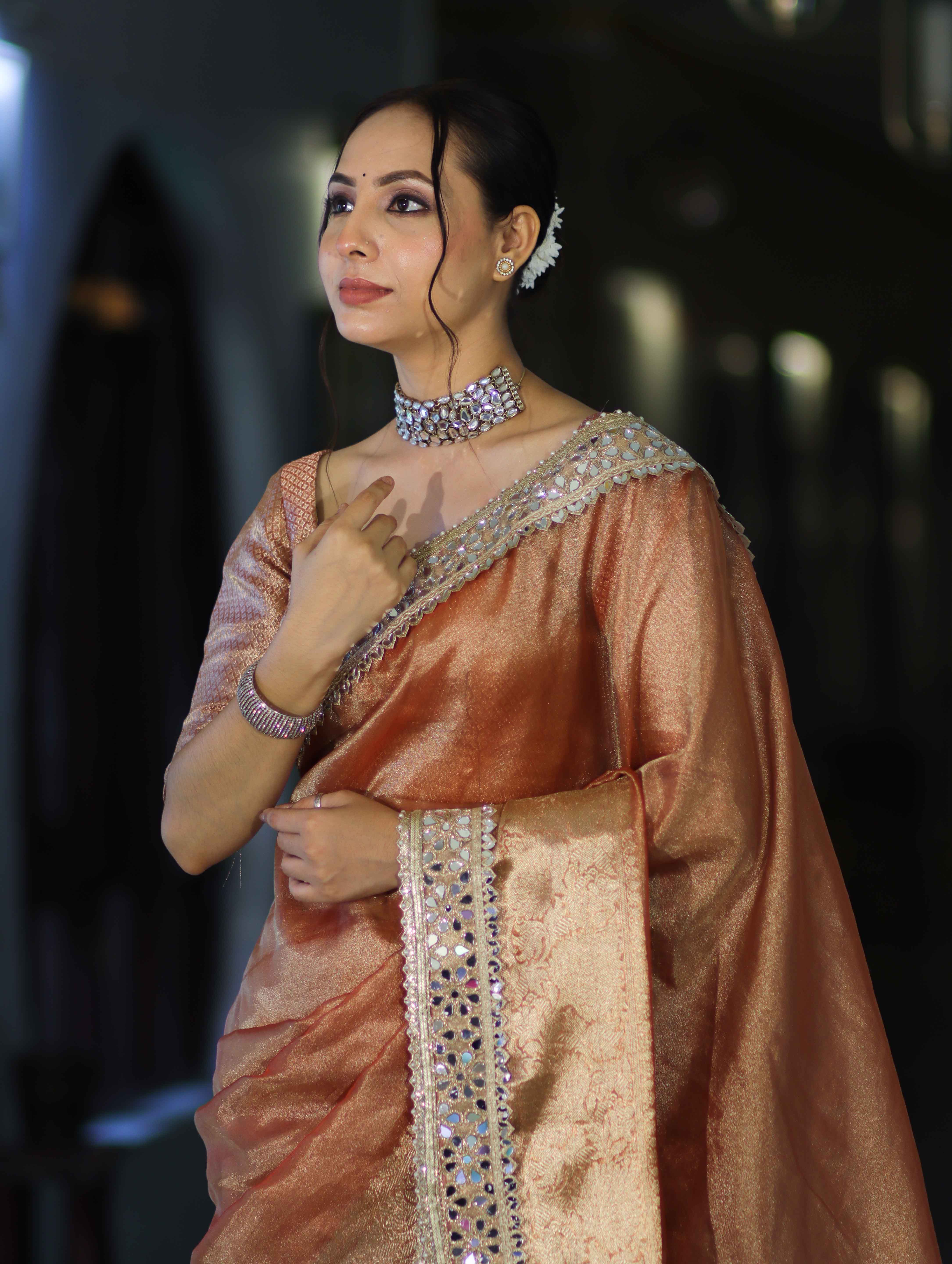 Banarasee Handwoven Tissue Saree With Floral Zari Border & Mirror Work Lace–Peach