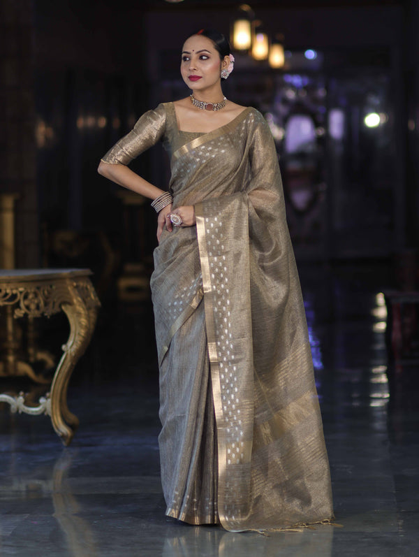 Banarasee Handwoven Tissue Saree With Zari Checks & Border-Moss Green