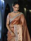 Banarasee Handwoven Tissue Saree With Floral Zari Border & Mirror Work Lace–Peach