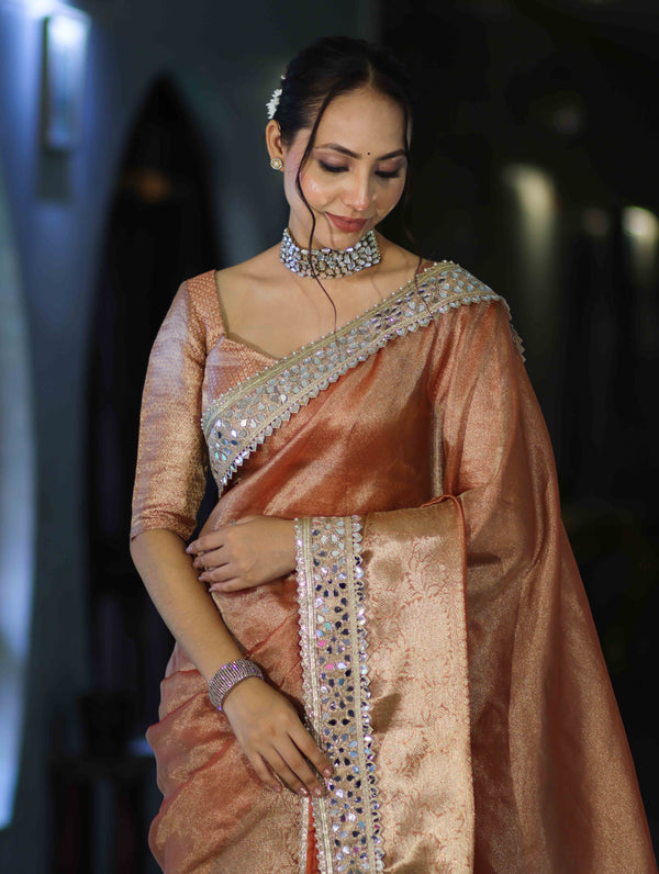 Banarasee Handwoven Tissue Saree With Floral Zari Border & Mirror Work Lace–Peach