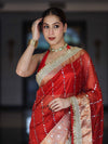 Banarasee Handloom Tissue Saree With Hand Embroidered Mirror Work Pearl Motifs & Lace Border-Red