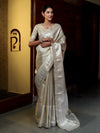 Banarasee Handwoven Tissue Saree With Zari Weaving Design & Lace-Silver