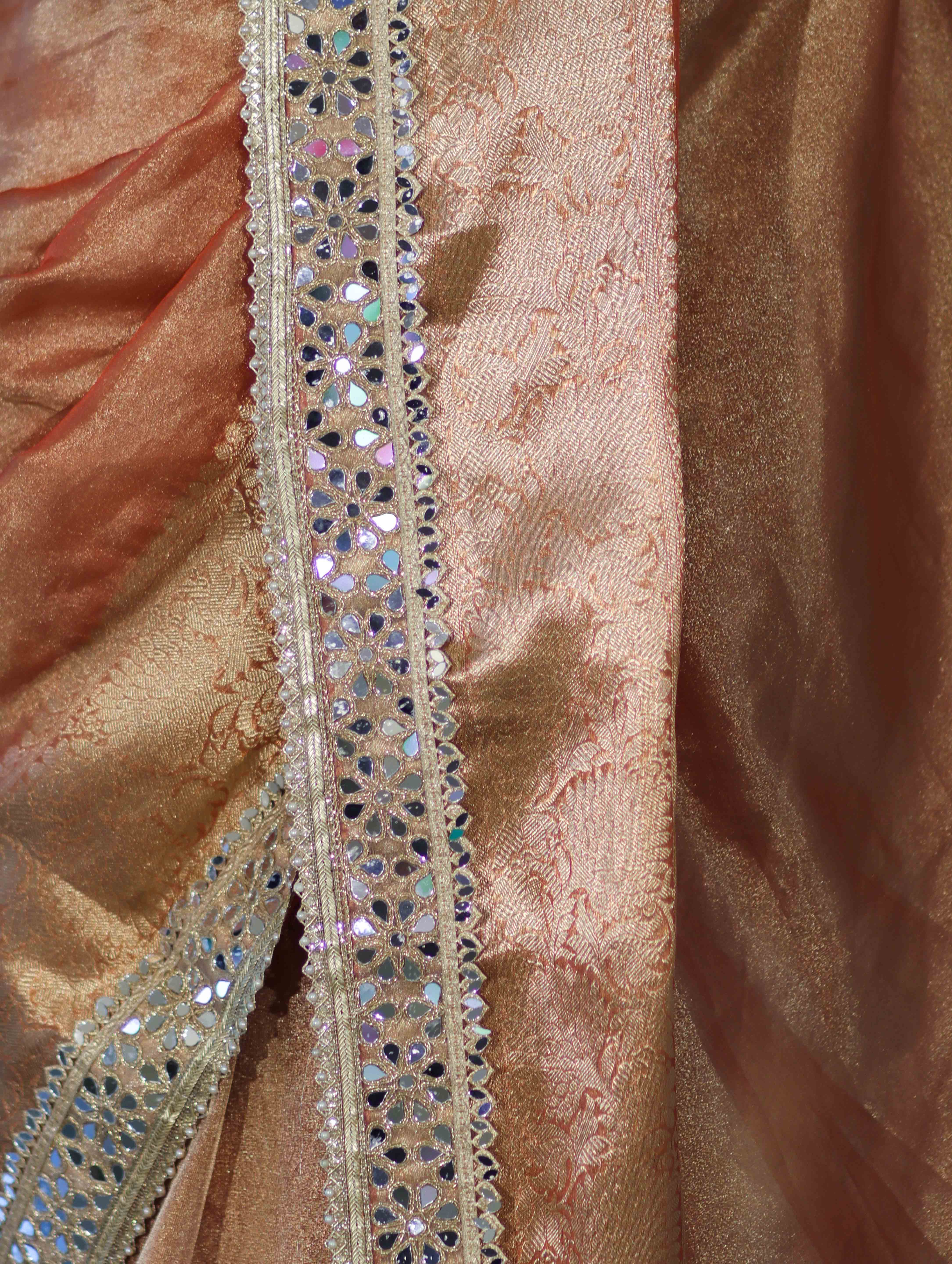 Banarasee Handwoven Tissue Saree With Floral Zari Border & Mirror Work Lace–Peach