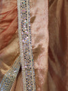 Banarasee Handwoven Tissue Saree With Floral Zari Border & Mirror Work Lace–Peach
