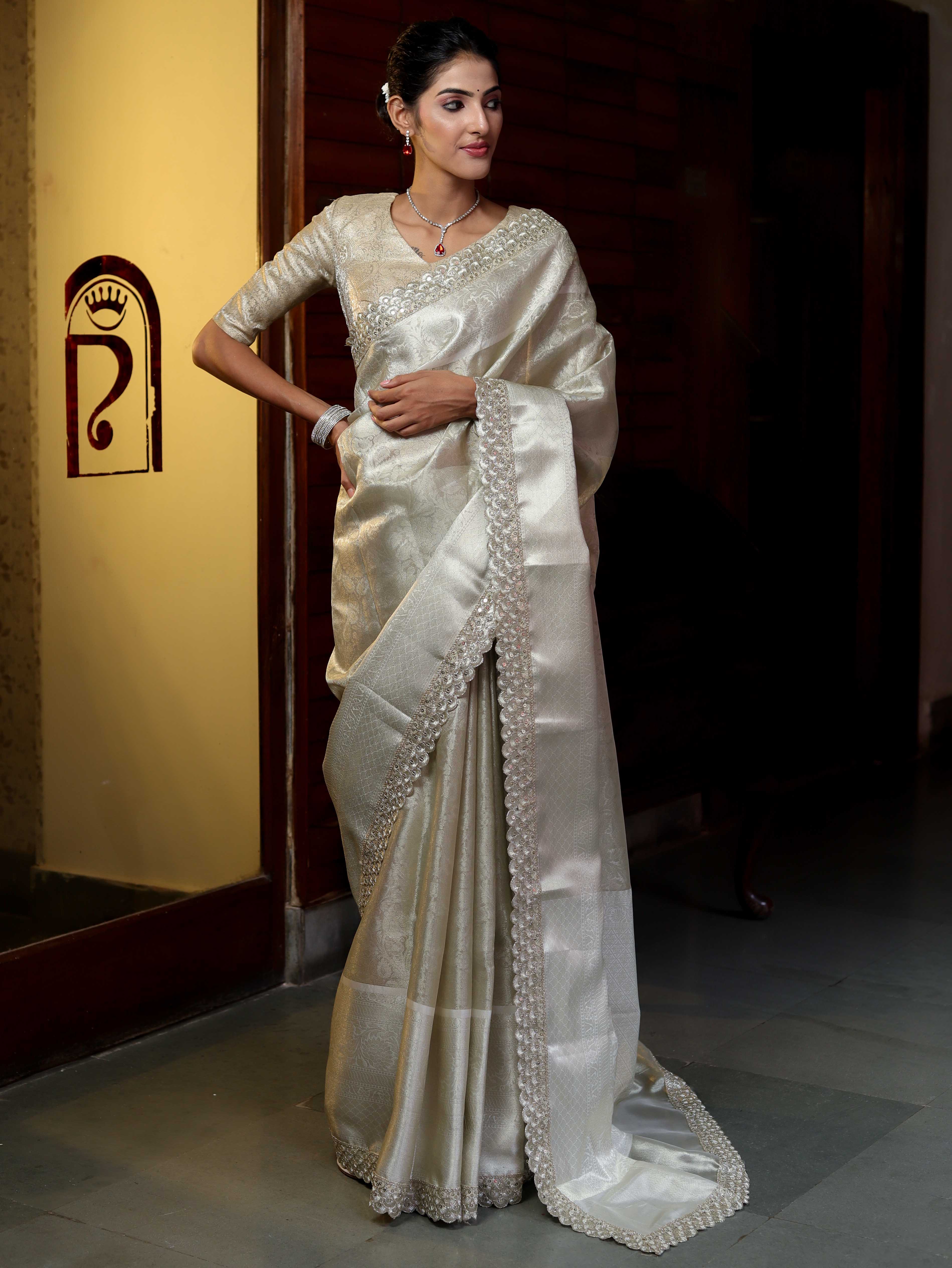 Banarasee Handwoven Tissue Saree With Zari Weaving Design & Lace-Silver