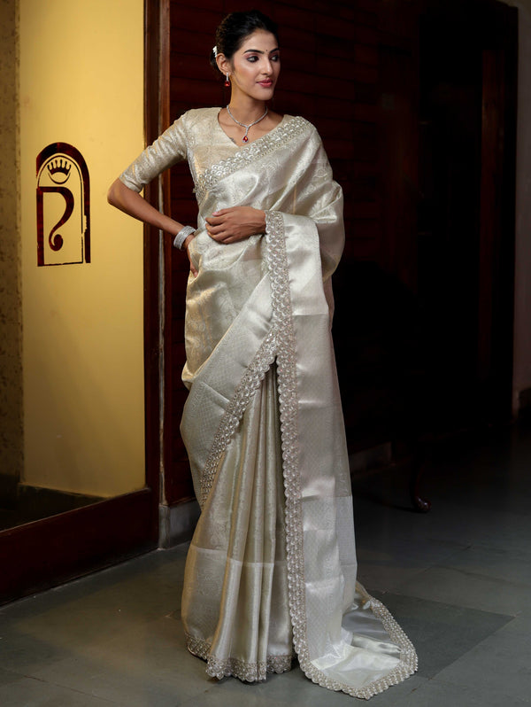 Banarasee Handwoven Tissue Saree With Zari Weaving Design & Lace-Silver