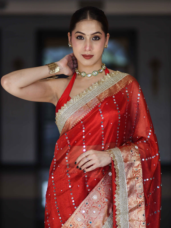 Banarasee Handloom Tissue Saree With Hand Embroidered Mirror Work Pearl Motifs & Lace Border-Red