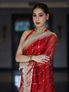 Banarasee Handloom Tissue Saree With Hand Embroidered Mirror Work Pearl Motifs & Lace Border-Red