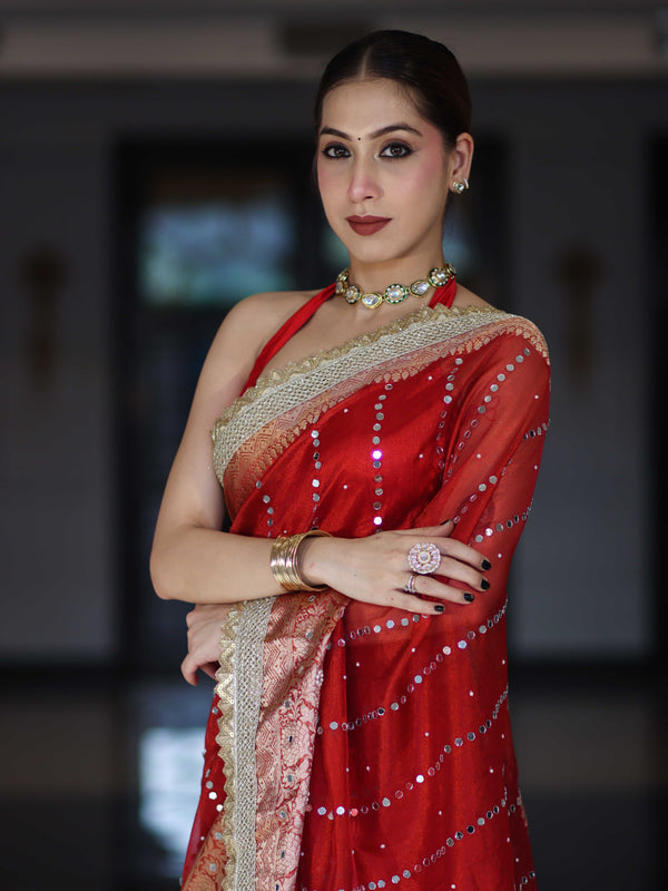 Banarasee Handloom Tissue Saree With Hand Embroidered Mirror Work Pearl Motifs & Lace Border-Red