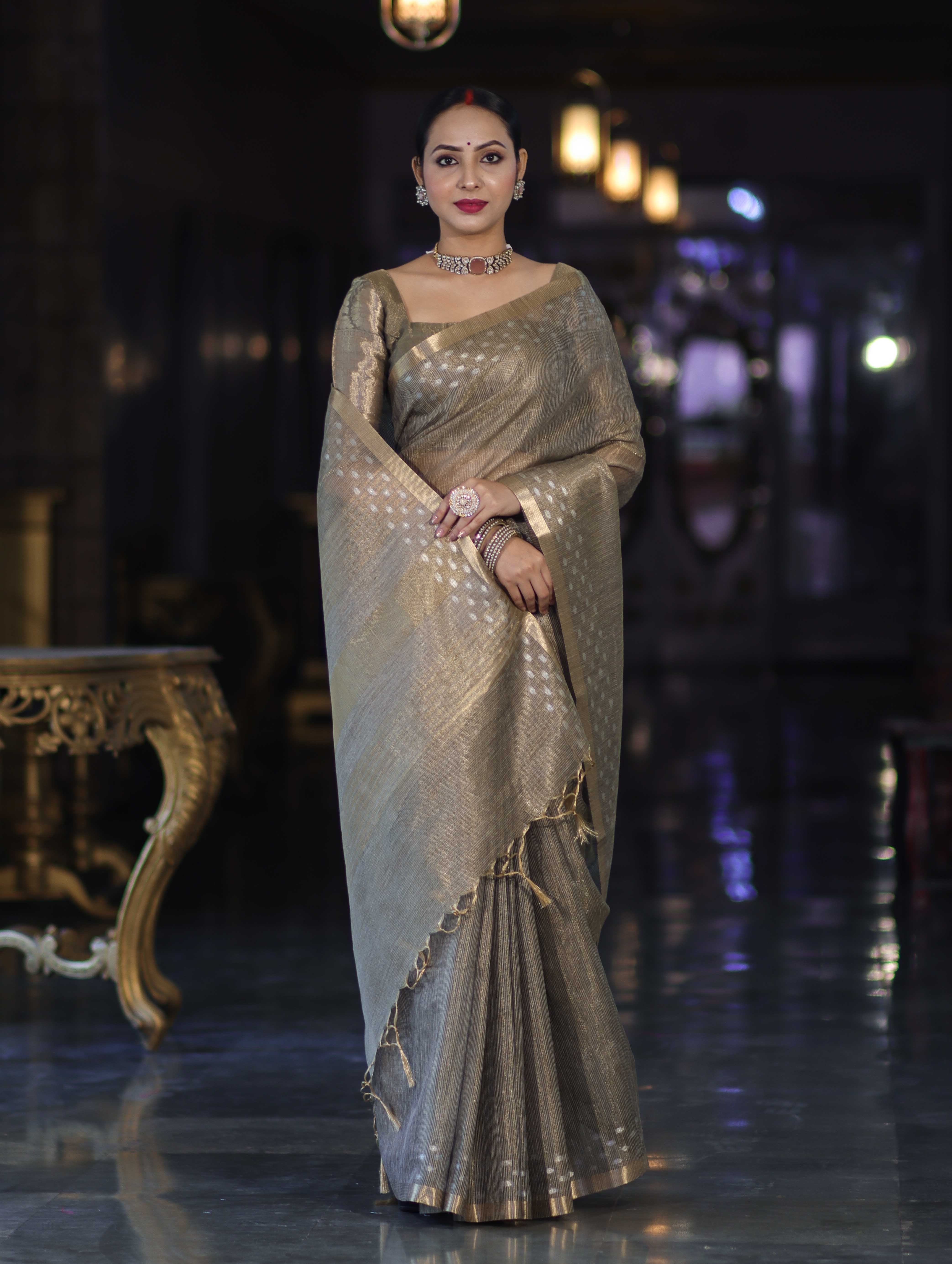 Banarasee Handwoven Tissue Saree With Zari Checks & Border-Moss Green