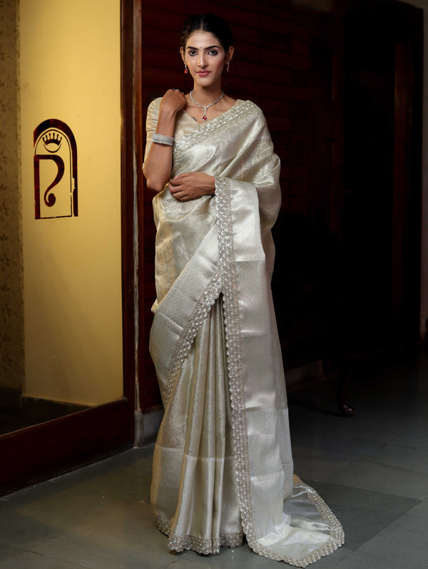 Banarasee Handwoven Tissue Saree With Zari Weaving Design & Lace-Silver