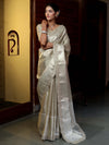 Banarasee Handwoven Tissue Saree With Zari Weaving Design & Lace-Silver