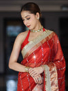 Banarasee Handloom Tissue Saree With Hand Embroidered Mirror Work Pearl Motifs & Lace Border-Red