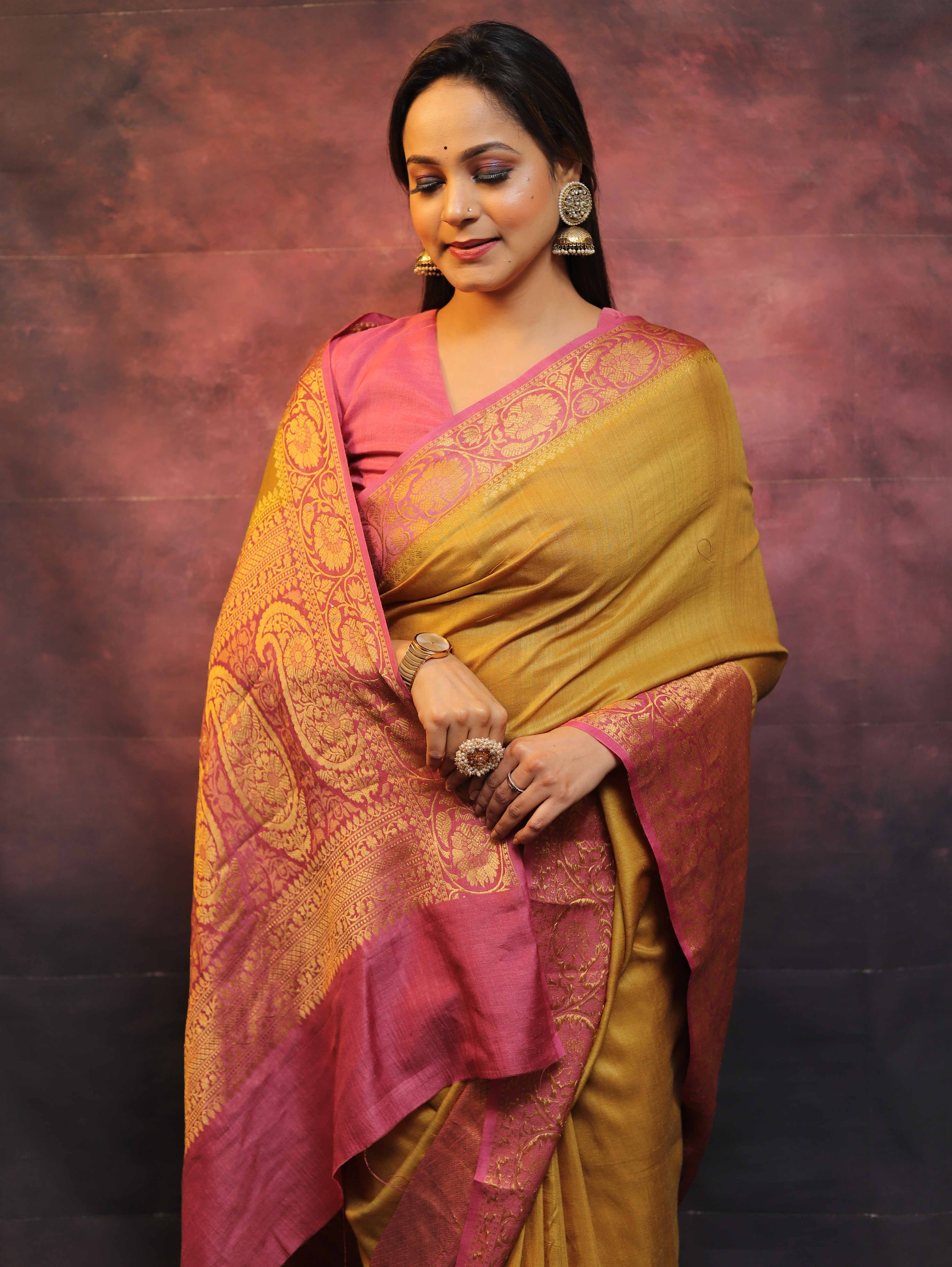 Banarasee Handwoven Pure Muga Silk Saree With Floral Border & Pallu-Olive Green & Pink
