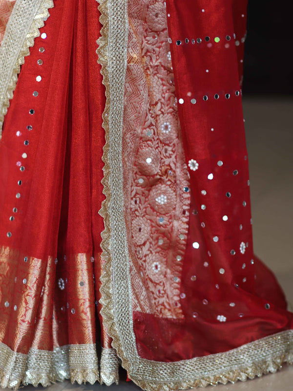 Banarasee Handloom Tissue Saree With Hand Embroidered Mirror Work Pearl Motifs & Lace Border-Red