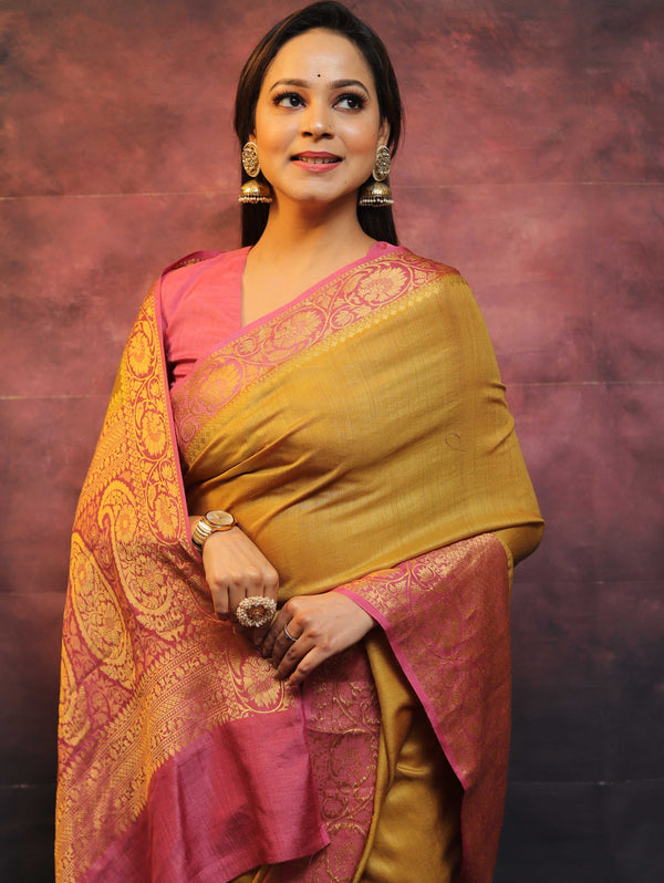 Banarasee Handwoven Pure Muga Silk Saree With Floral Border & Pallu-Olive Green & Pink