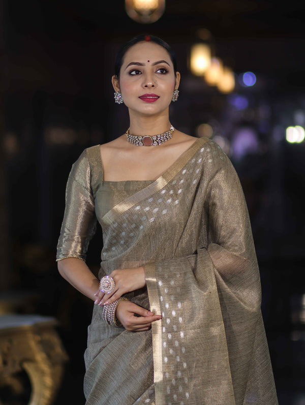 Banarasee Handwoven Tissue Saree With Zari Checks & Border-Moss Green