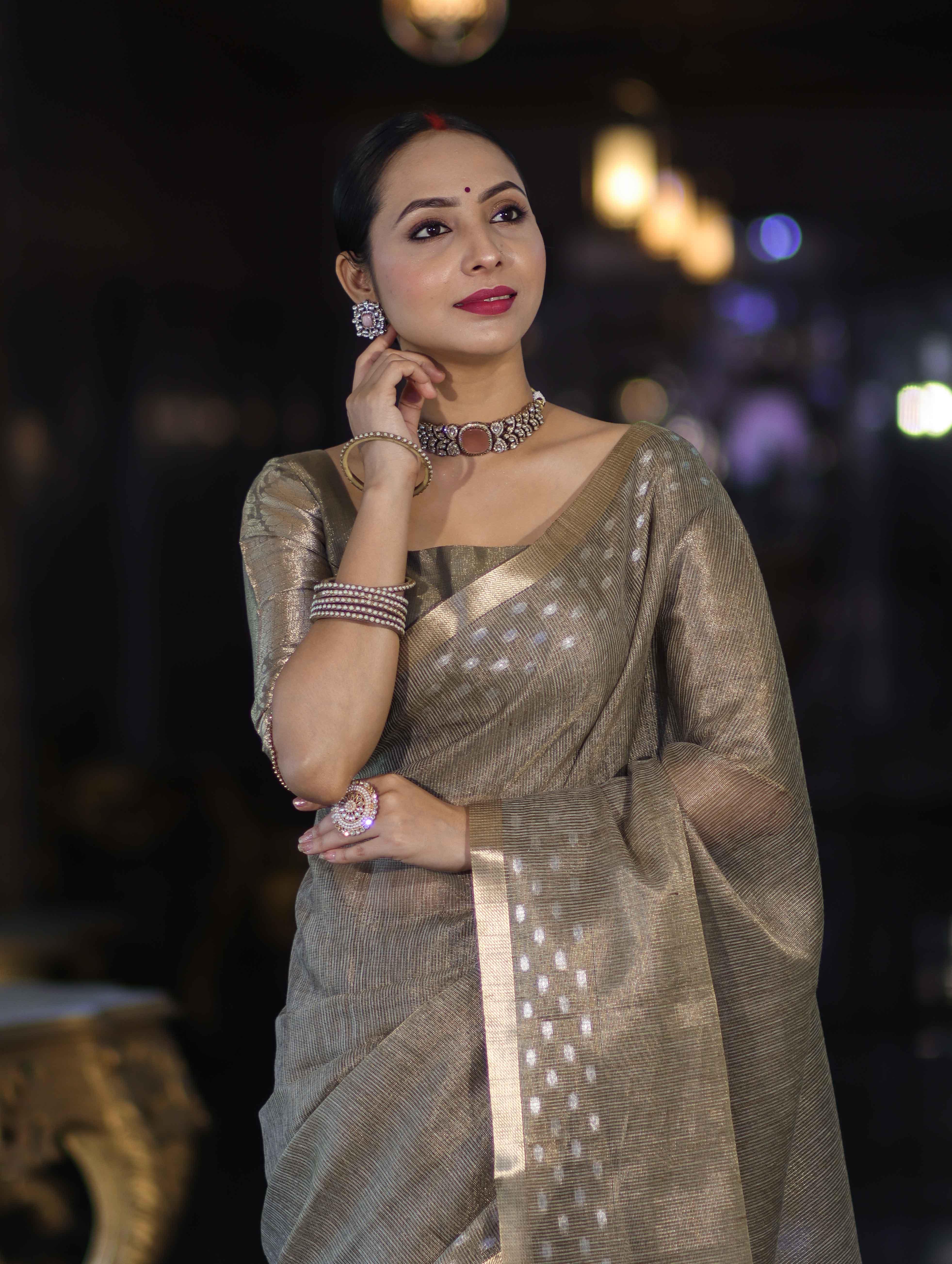 Banarasee Handwoven Tissue Saree With Zari Checks & Border-Moss Green